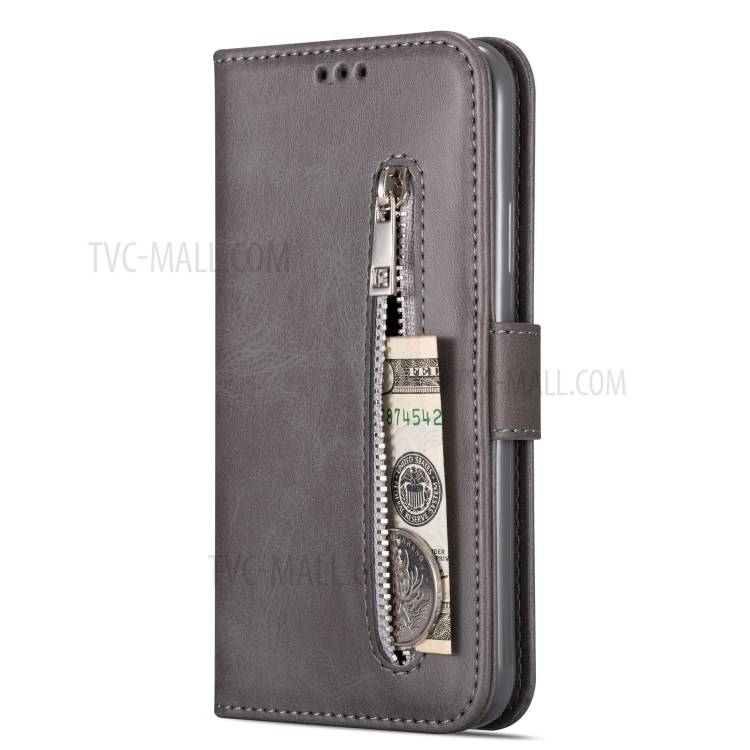 Zipper Pocket Wallet Stand Flip Leather Phone Case with Strap for Samsung Galaxy S20 Plus - Grey-3
