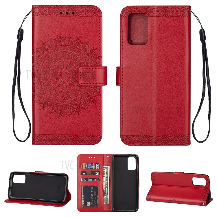 Imprint Totem Pattern Leather Stand Case with Card Slots for Samsung Galaxy S20 Plus - Red-1
