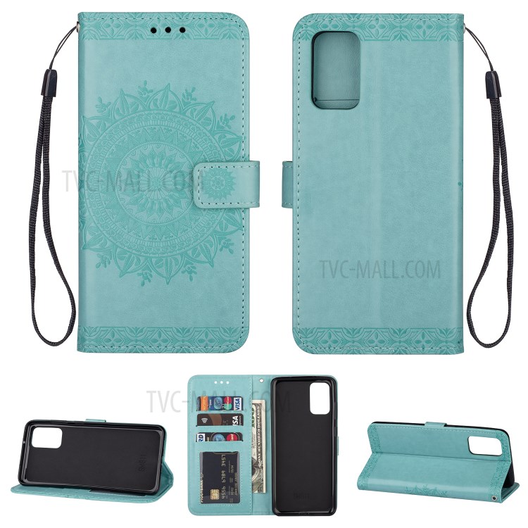 Imprint Totem Pattern Leather Stand Case with Card Slots for Samsung Galaxy S20 Plus - Cyan-1