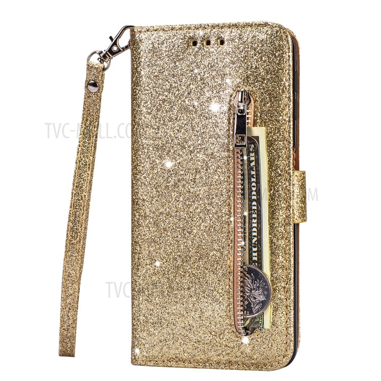 Glitter Powder Zippered Stand Leather Wallet Case with Strap for Samsung Galaxy S20 Plus / S20 Plus 5G - Gold-2