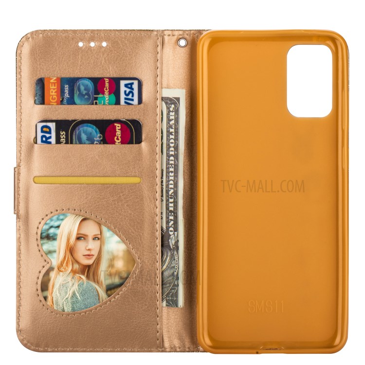 Glitter Powder Zippered Stand Leather Wallet Case with Strap for Samsung Galaxy S20 Plus / S20 Plus 5G - Gold-3