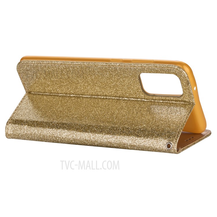 Glitter Powder Zippered Stand Leather Wallet Case with Strap for Samsung Galaxy S20 Plus / S20 Plus 5G - Gold-4