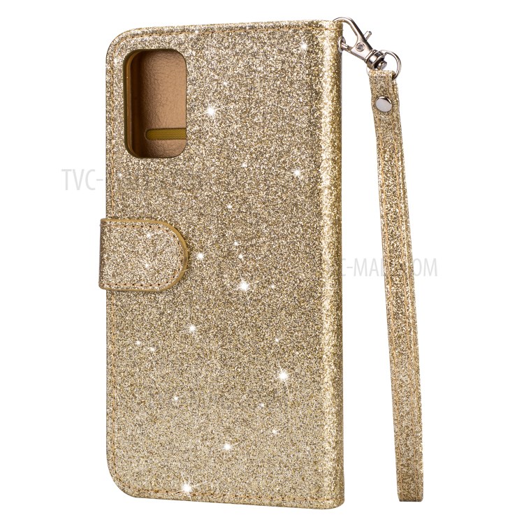 Glitter Powder Zippered Stand Leather Wallet Case with Strap for Samsung Galaxy S20 Plus / S20 Plus 5G - Gold-5