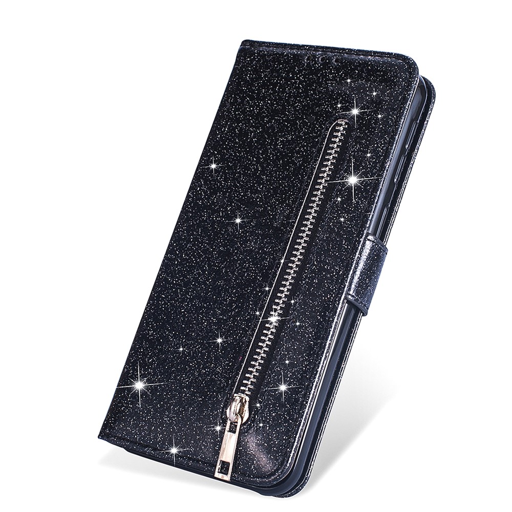 Cassa Da Portafoglio In Pelle Con Cerniera In Polvere Glitter Con Cinturino Per Samsung Galaxy S20 Plus / S20 Plus 5G. - Nero