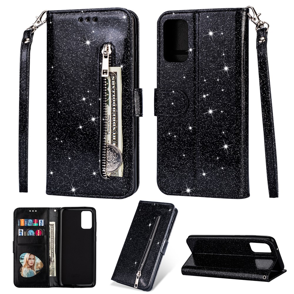 Flash Powder Zipper Pocket Leather Wallet Case Phone Shell for Samsung Galaxy S20 - Black-1