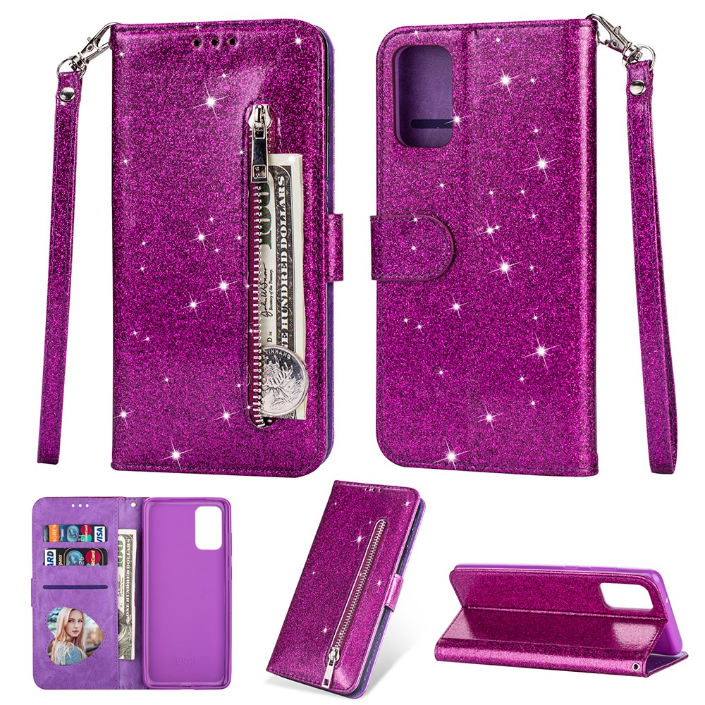 Flash Powder Zipper Pocket Leather Wallet Case Phone Shell for Samsung Galaxy S20 - Purple-1