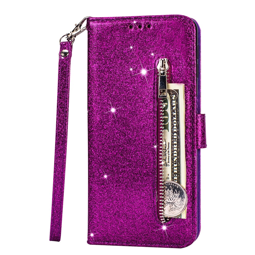 Flash Powder Zipper Pocket Leather Wallet Case Phone Shell for Samsung Galaxy S20 - Purple-2