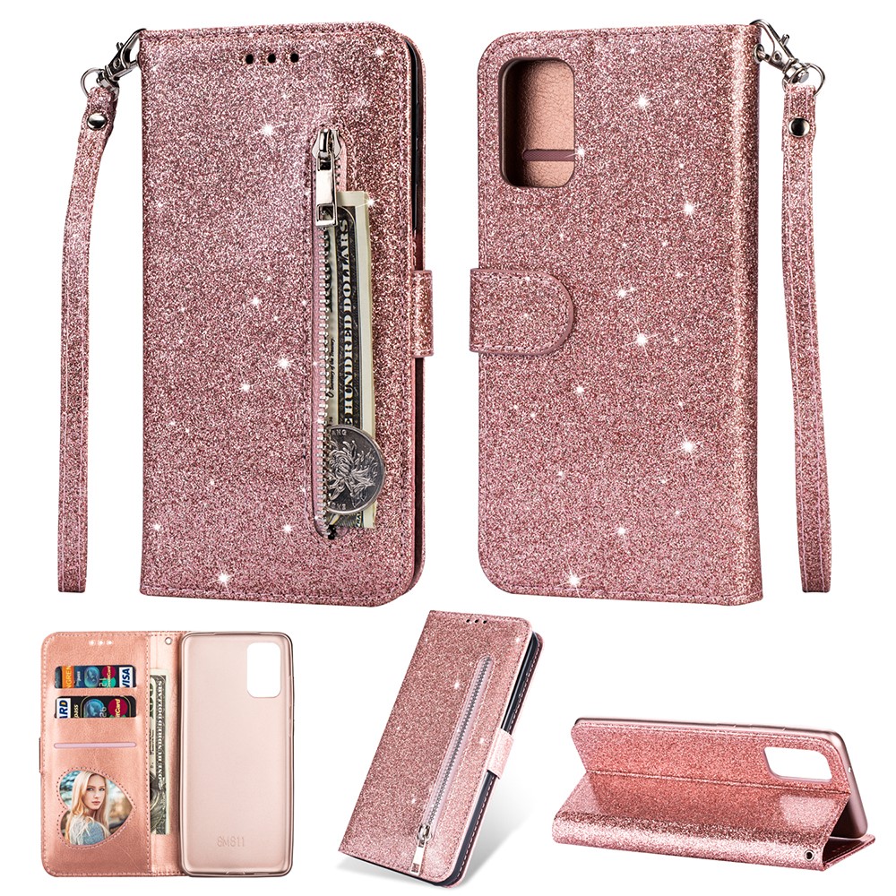 Flash Powder Zipper Pocket Leather Wallet Case Phone Shell for Samsung Galaxy S20 - Rose Gold-1