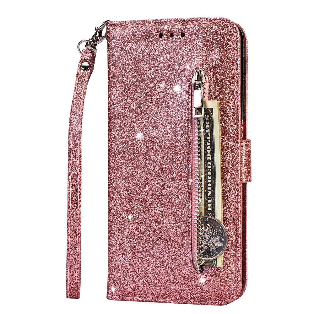 Flash Powder Zipper Pocket Leather Wallet Case Phone Shell for Samsung Galaxy S20 - Rose Gold-2