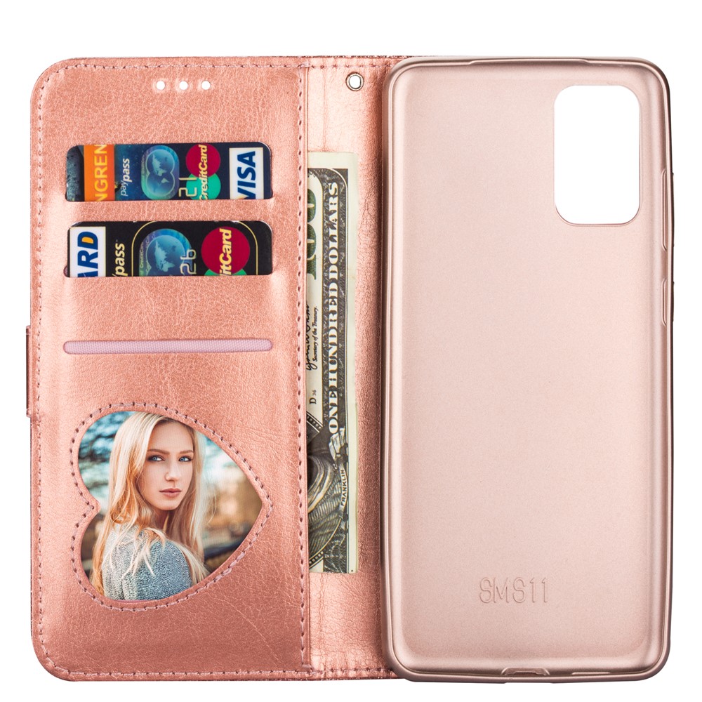 Flash Powder Zipper Pocket Leather Wallet Case Phone Shell for Samsung Galaxy S20 - Rose Gold-3