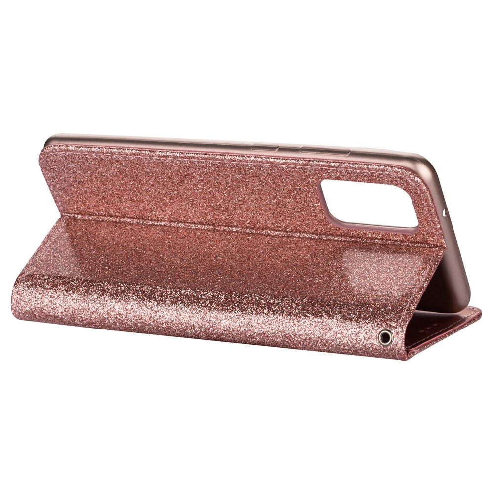 Flash Powder Zipper Pocket Leather Wallet Case Phone Shell for Samsung Galaxy S20 - Rose Gold-4