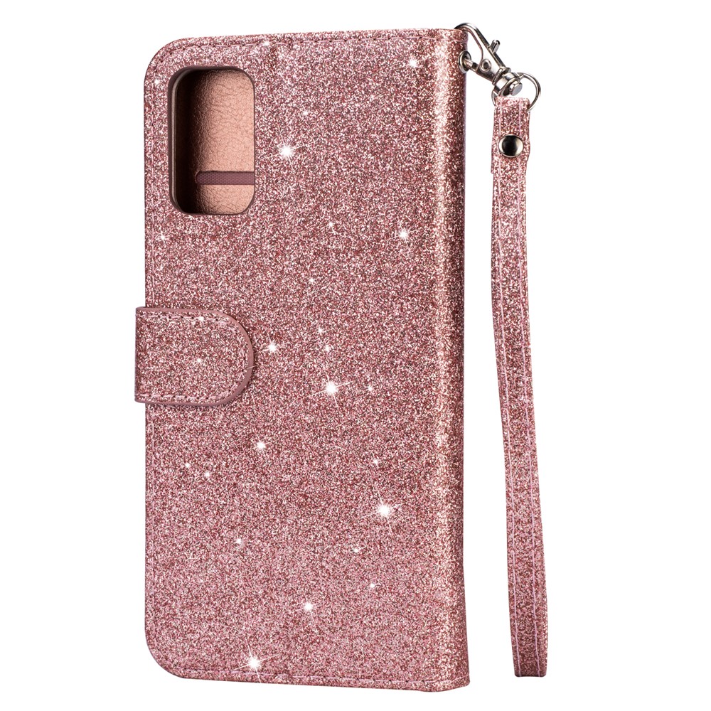 Flash Powder Zipper Pocket Leather Wallet Case Phone Shell for Samsung Galaxy S20 - Rose Gold-5