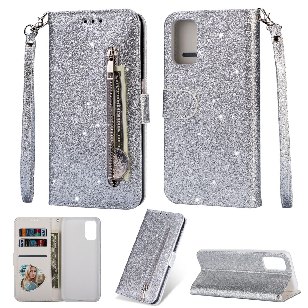 Flash Powder Zipper Pocket Leather Wallet Case Phone Shell for Samsung Galaxy S20 - Silver-1