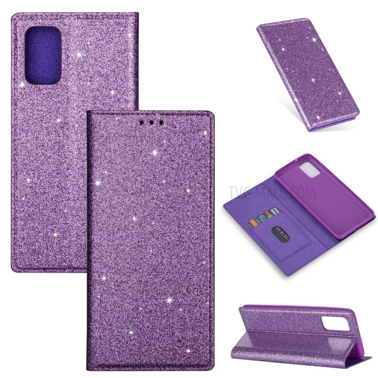 Flash Powder Leather Stand Casing with Card Slot for Samsung Galaxy S20 Plus - Purple-1