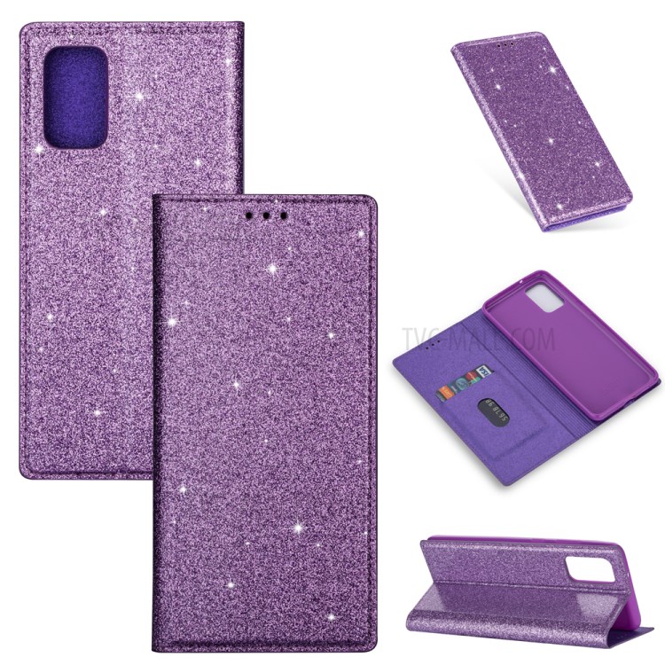 Flash Powder Leather Stand Casing with Card Slot for Samsung Galaxy S20 Plus/S11 - Purple-1