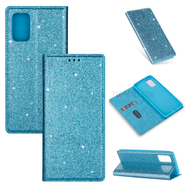 Flash Powder Leather Stand Casing with Card Slot for Samsung Galaxy S20 Plus - Blue-1