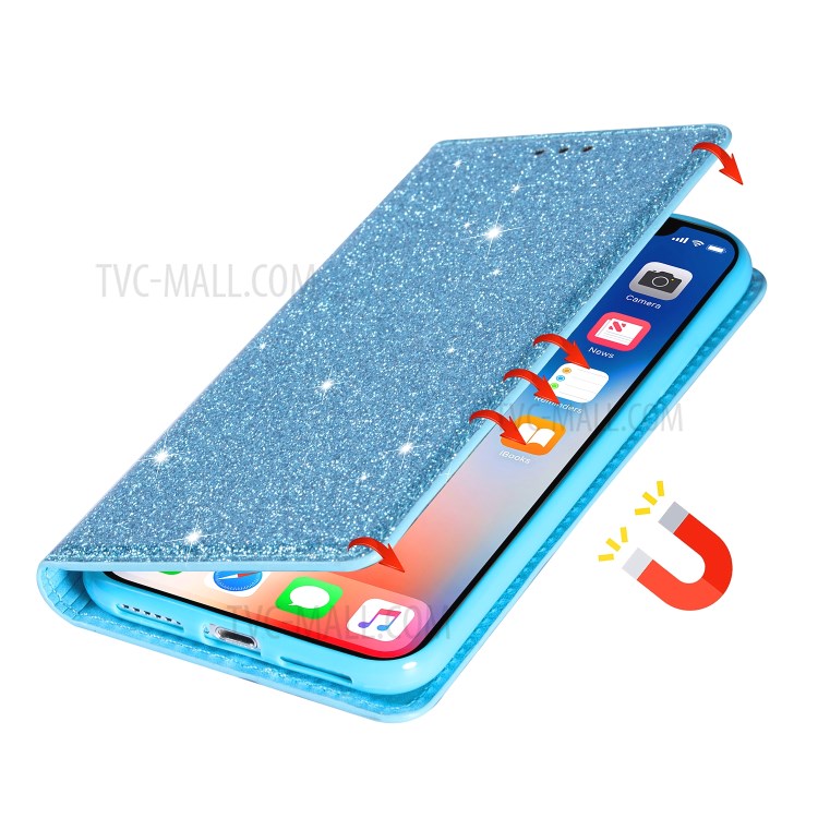 Flash Powder Leather Stand Casing with Card Slot for Samsung Galaxy S20 Plus - Blue-2