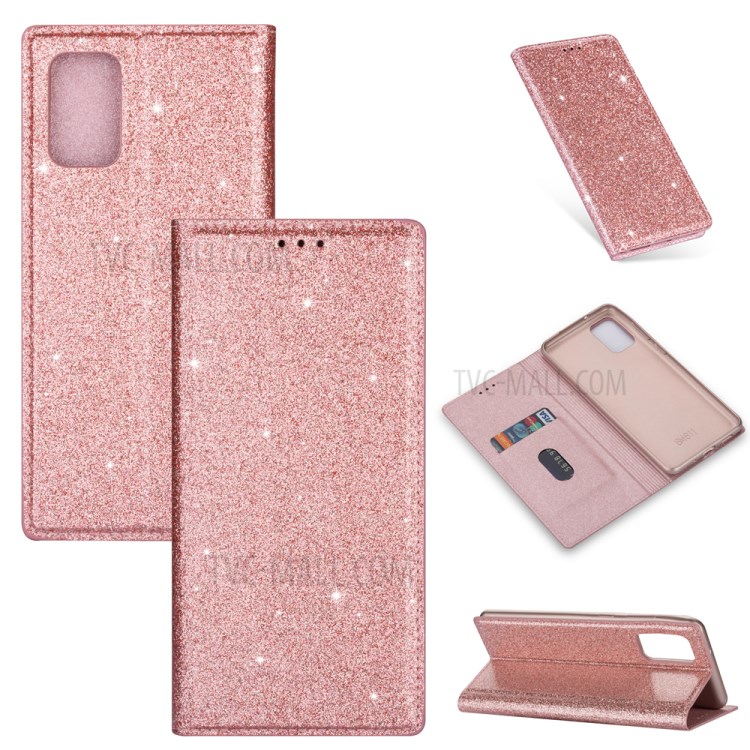 Flash Powder Leather Stand Casing with Card Slot for Samsung Galaxy S20 Plus - Rose Gold-1