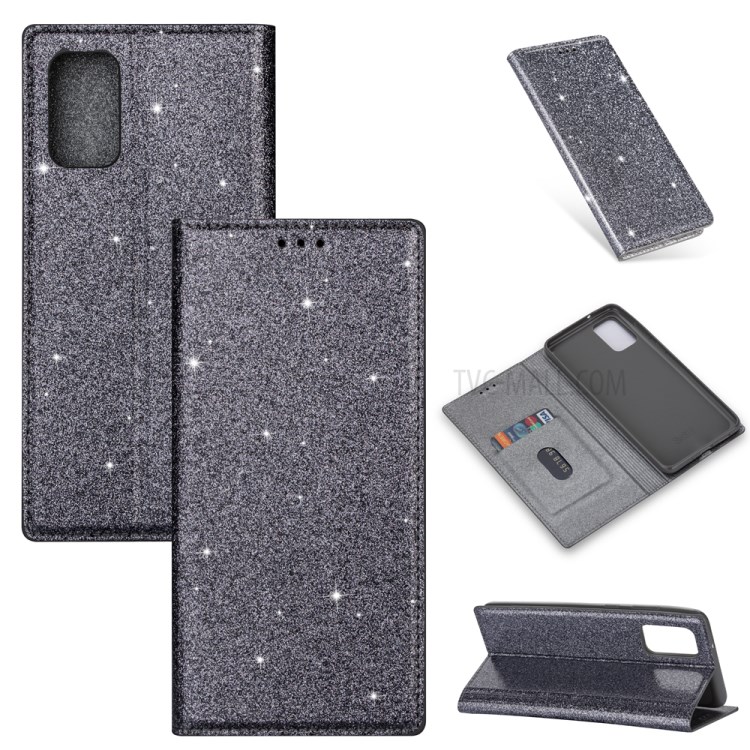 Flash Powder Leather Stand Casing with Card Slot for Samsung Galaxy S20 Plus - Grey-1