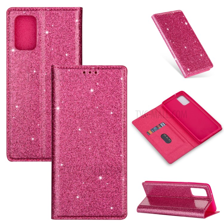Flash Powder Leather Stand Casing with Card Slot for Samsung Galaxy S20 Plus - Rose-1
