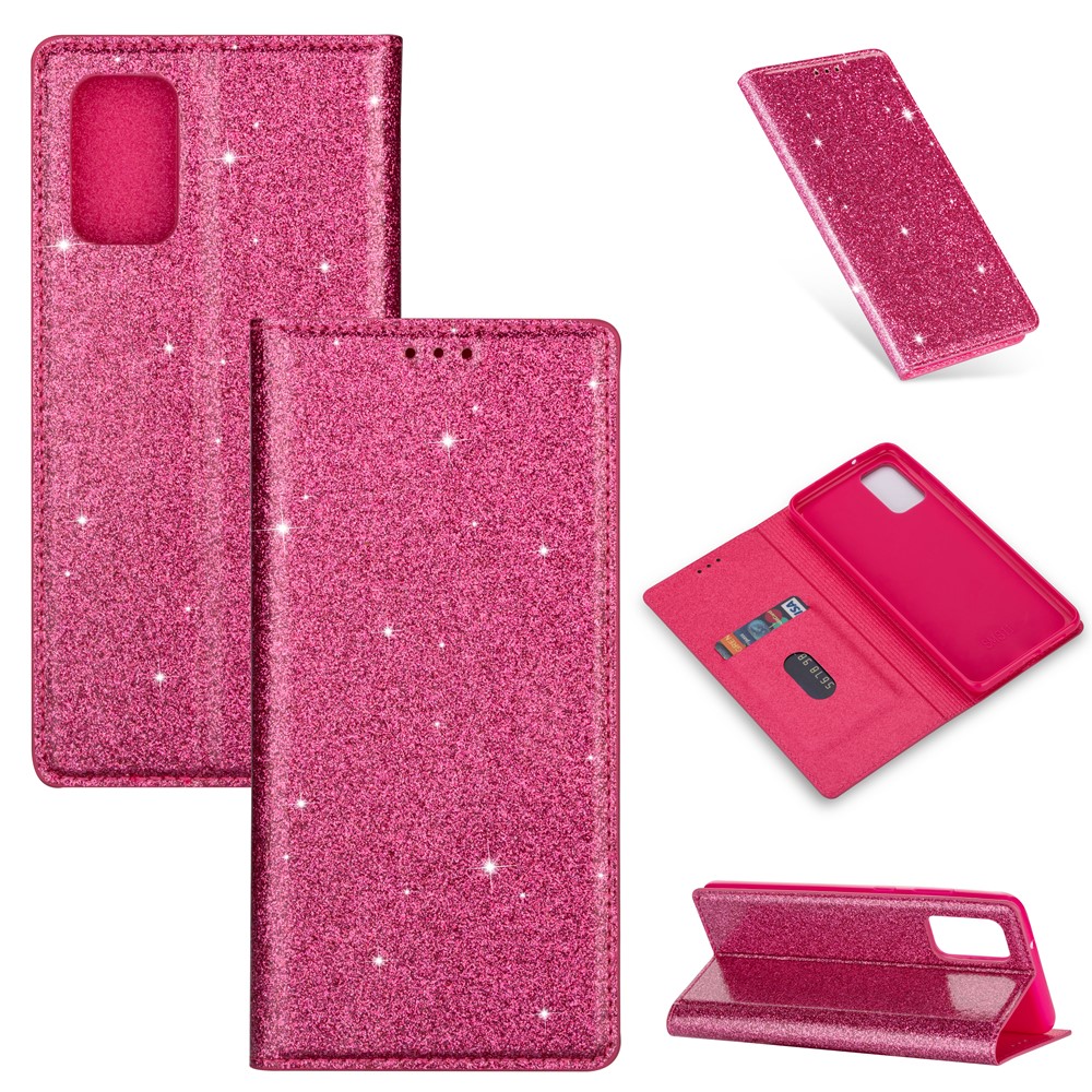 Flash Powder Auto-absorbed Leather Stand Shell for Samsung Galaxy S20 - Rose-1