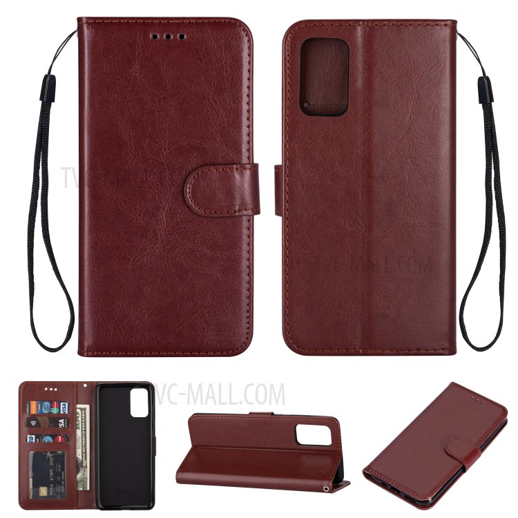 Crazy Horse Leather Shell Wallet Stand Cell Phone Case for Samsung Galaxy S20 Plus - Brown-1