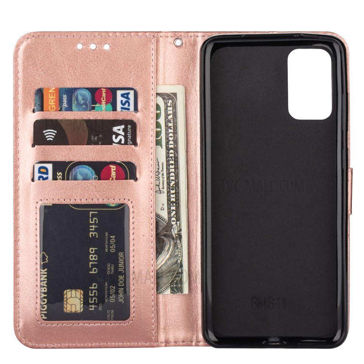 Crazy Horse Leather Shell Wallet Stand Cell Phone Case for Samsung Galaxy S20 Plus - Rose Gold-7