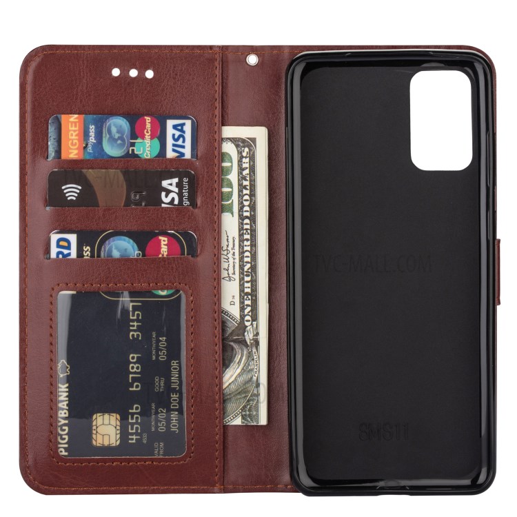 Cor Sólida Couro De Cavalo Louco Caso Carteira De Cobertura Para Samsung Galaxy S20 / S11e - Castanho-6