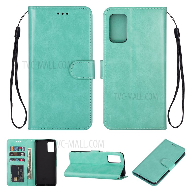 Solid Color Crazy Horse Leather Wallet Case Cover for Samsung Galaxy S20 - Cyan-1