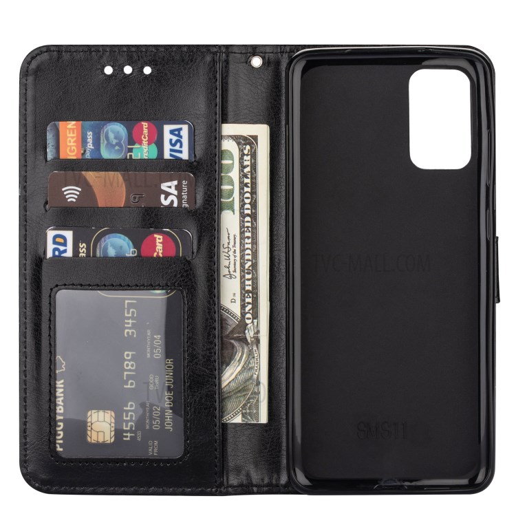 Solid Color Crazy Horse Leather Wallet Case Cover for Samsung Galaxy S20 - Black-7