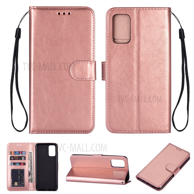 Solid Color Crazy Horse Leather Wallet Case Cover for Samsung Galaxy S20 - Rose Gold-1