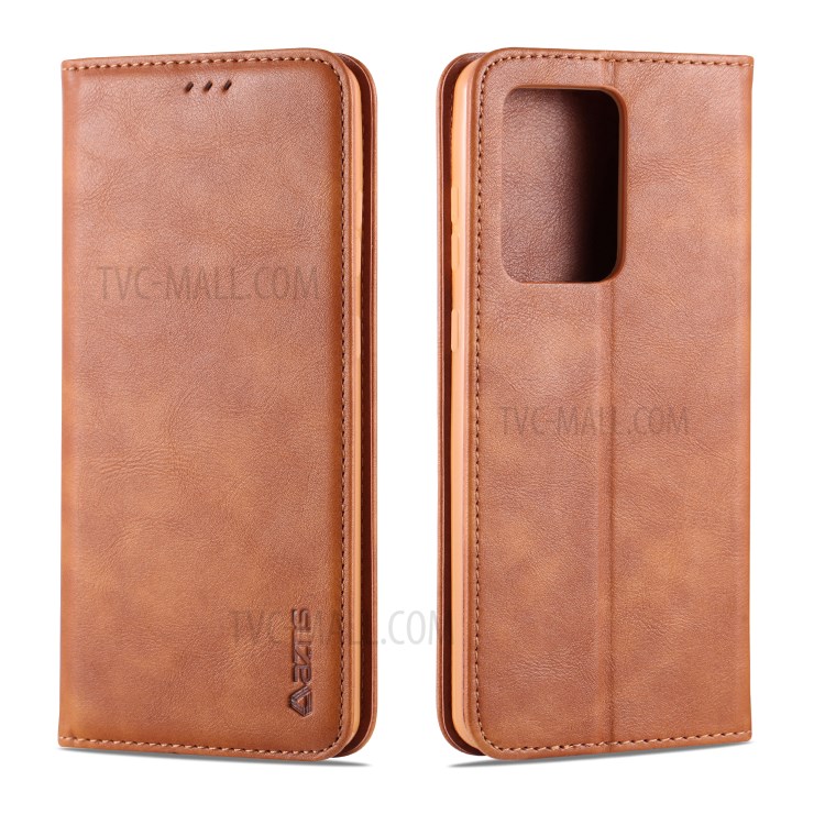 AZNS Retro Style PU Leather Card Holder Case for Samsung Galaxy S20 Ultra - Brown-1