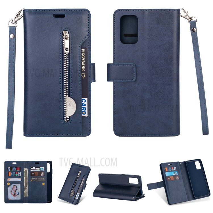 Zipper Pocket with Multiple Card Slots Leather Casing for Samsung Galaxy S20 - Blue-1