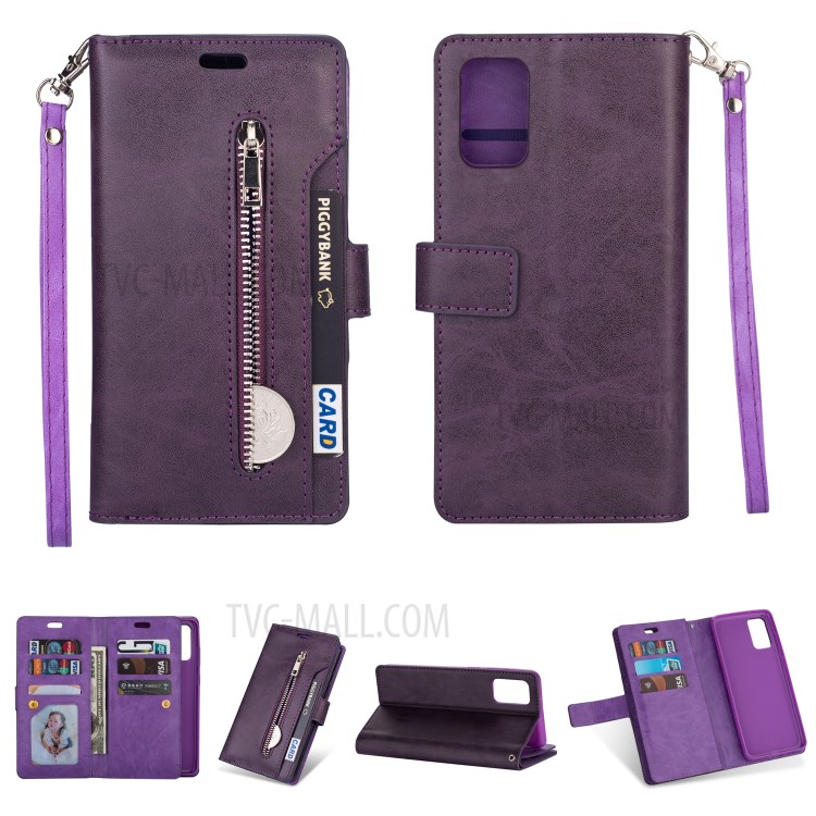 Zipper Pocket with Multiple Card Slots Leather Stand Cover for Samsung Galaxy S20 Ultra - Purple-1