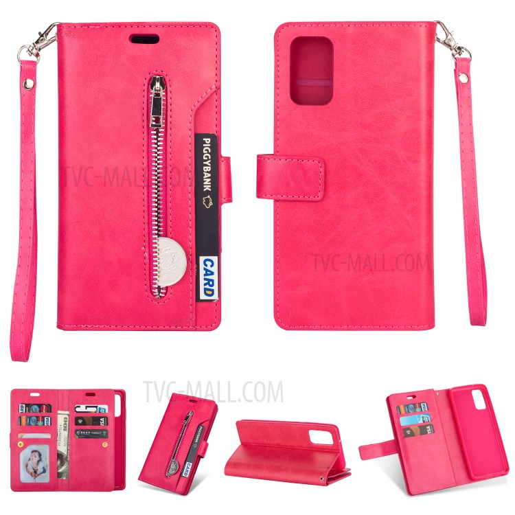 Zipper Pocket with Multiple Card Slots Leather Stand Cover for Samsung Galaxy S20 Ultra - Rose-1
