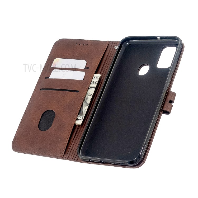 Solid Color Wallet Stand Leather Flip Shell Casing for Samsung Galaxy M30s/M21 - Coffee-5