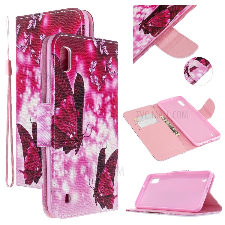 Pattern Printing Cross Texture Leather Wallet Case for Samsung Galaxy A10 - Red Butterfly-1