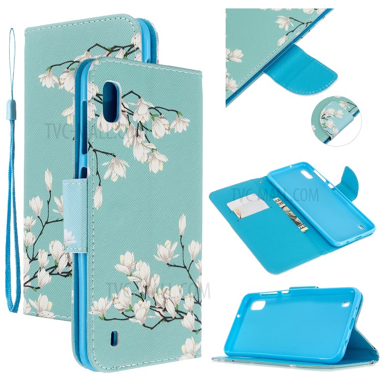 Pattern Printing Cross Texture Leather Wallet Case for Samsung Galaxy A10 - White Flower-1