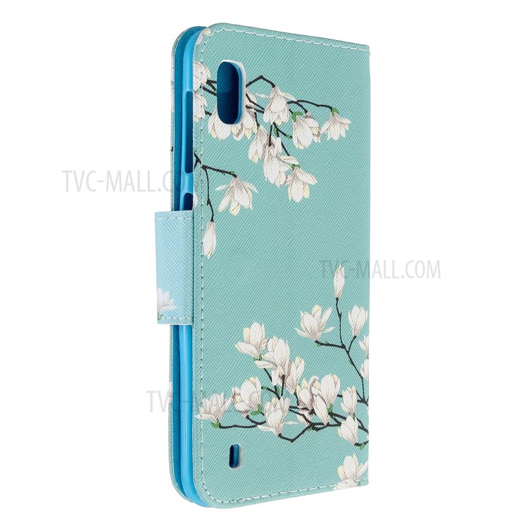 Pattern Printing Cross Texture Leather Wallet Case for Samsung Galaxy A10 - White Flower-4