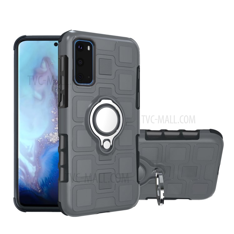 For Samsung Galaxy S20 Plus Geometric Pattern TPU PC Hybrid Case with Magnetic Car Mount Ring Holder - Grey-1