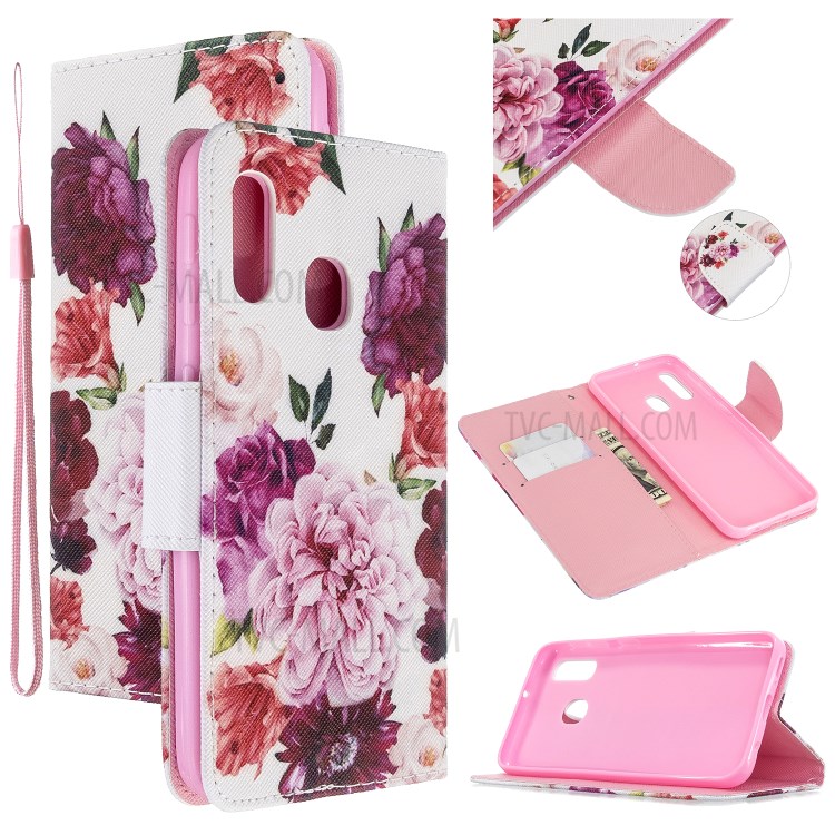 Pattern Printing Cross Texture Leather Wallet Stand Case for Samsung Galaxy A20e/A10e - Vivid Flowers-1