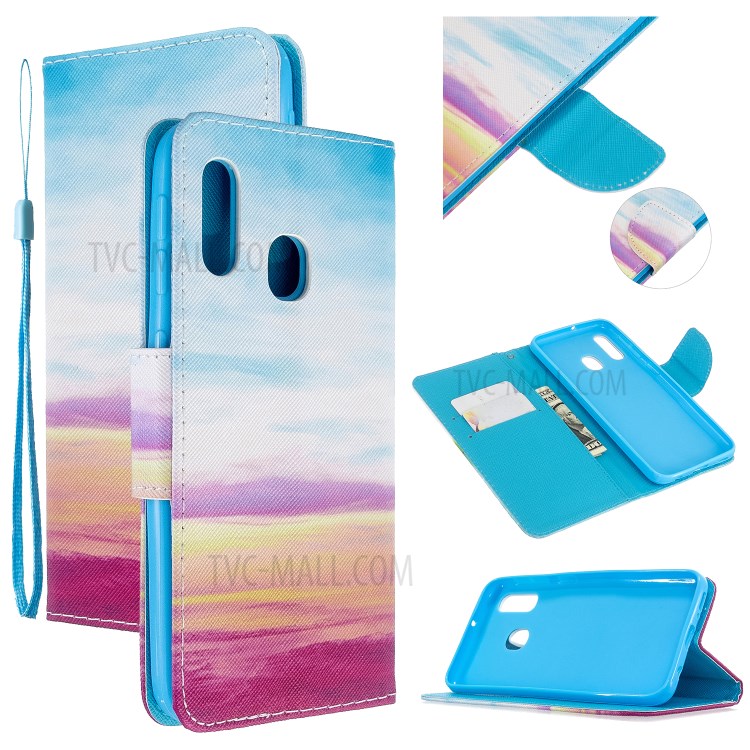 Pattern Printing Cross Texture Leather Wallet Stand Case for Samsung Galaxy A20e/A10e - Sky-1