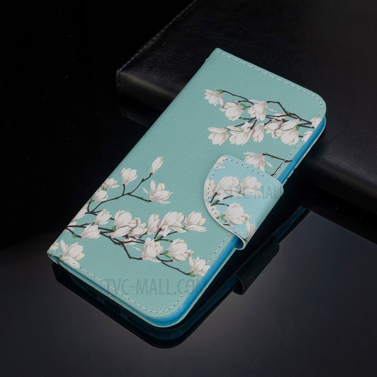 Impresión de Patrones Textura Cruzada de Billetera de Cuero Case Para Samsung Galaxy A20e/a10e - Flores Blancas