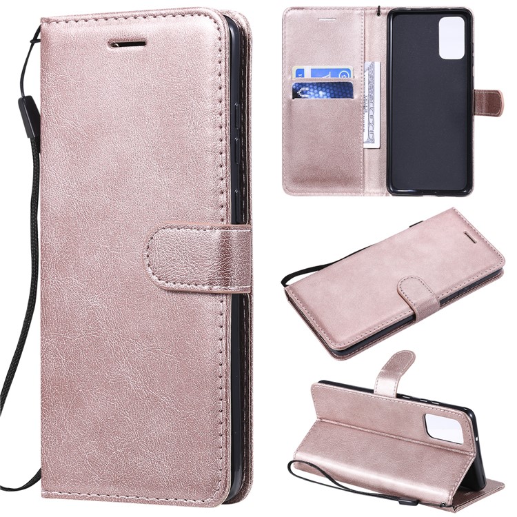 Solid Color PU Leather Flip Phone Cover with Strap for Samsung Galaxy S20 Plus - Rose Gold-1