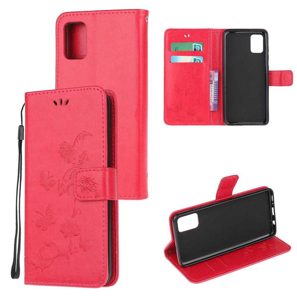 Imprint Butterfly Flowers Leather Wallet Case for Samsung Galaxy A91/S10 Lite/M80s - Red-1