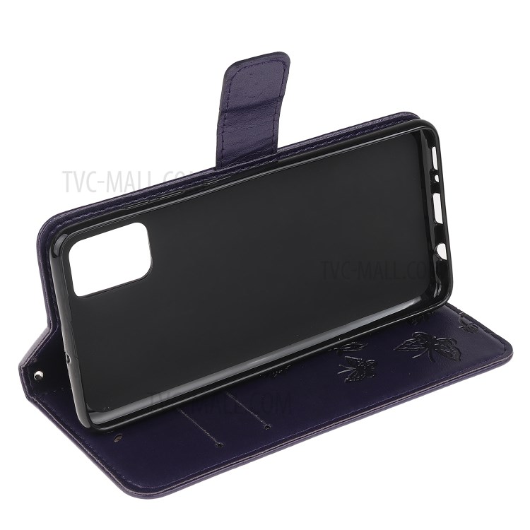 Imprint Butterfly Flowers Leather Wallet Case for Samsung Galaxy A91/S10 Lite/M80s - Dark Purple-4