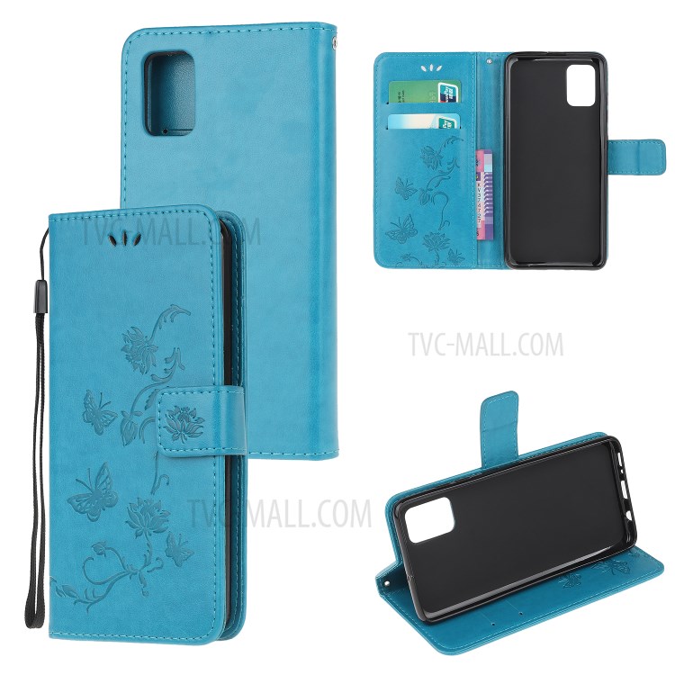 Imprint Butterfly Flowers Leather Wallet Case for Samsung Galaxy A91/S10 Lite/M80s - Blue-1