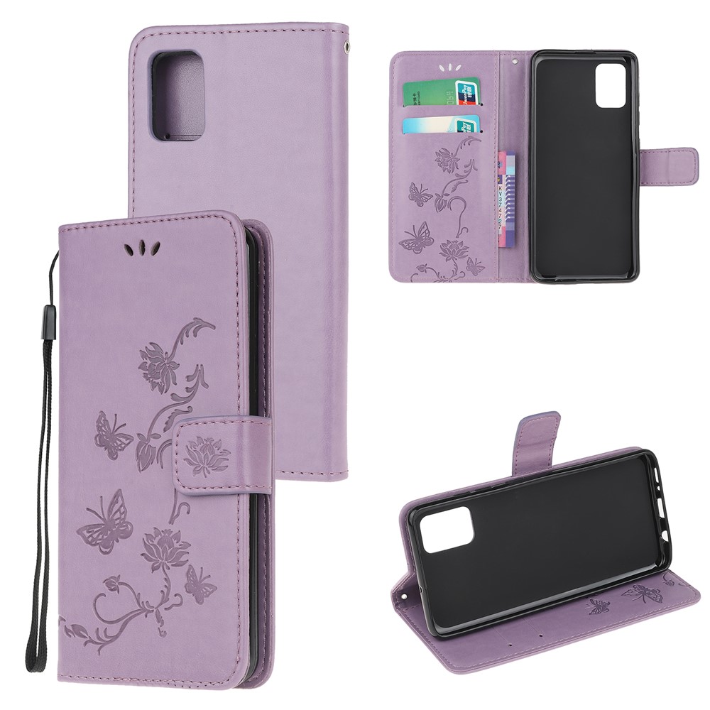 Imprint Butterfly Flowers Leather Wallet Case for Samsung Galaxy A91/S10 Lite/M80s - Light Purple-1