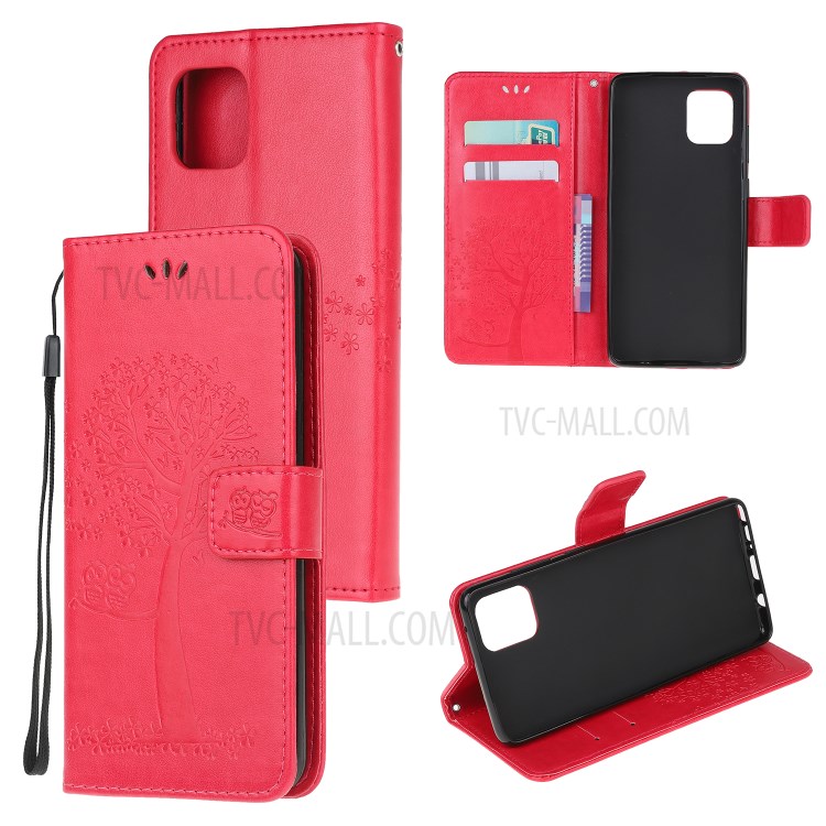 Imprint Tree Owl PU Leather Wallet Stand Phone Case for Samsung Galaxy A81/Note 10 Lite/M60s - Red-1