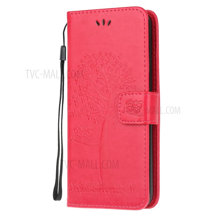 Imprint Tree Owl PU Leather Wallet Stand Phone Case for Samsung Galaxy A81/Note 10 Lite/M60s - Red-2